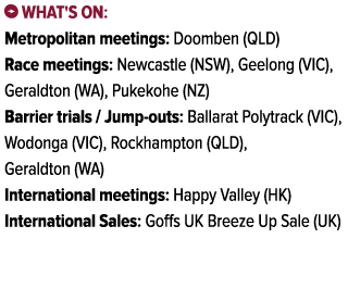 ￼ What's on: Metropolitan meetings: Doomben (QLD) Race meetings: Newcastle (NSW), Geelong (VIC), Geraldton (WA), Puke...