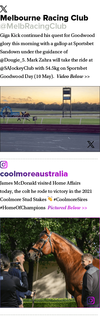 ￼ Melbourne Racing Club @MelbRacingClub Giga Kick continued his quest for Goodwood glory this morning with a gallop a...