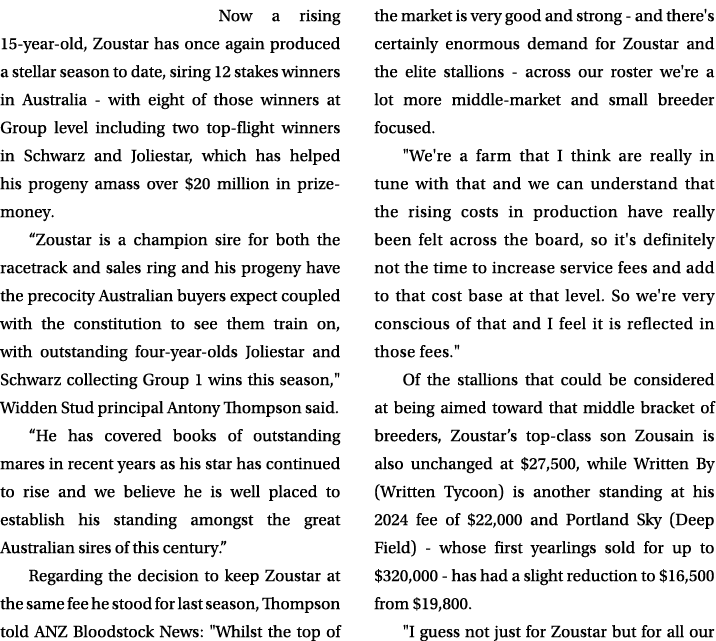 Now a rising 15 year old, Zoustar has once again produced a stellar season to date, siring 12 stakes winners in Austr...