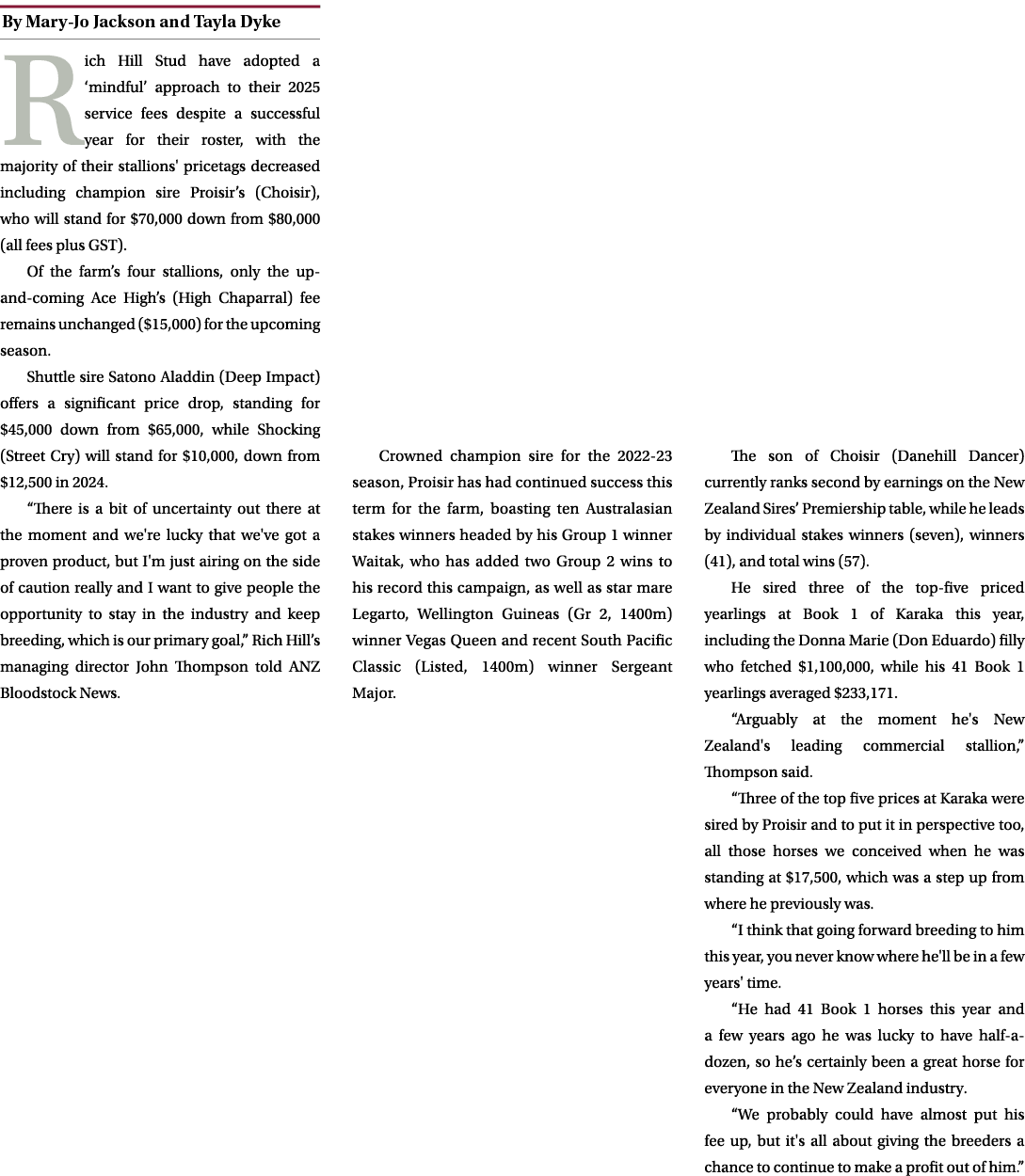 ￼ Rich Hill Stud have adopted a ‘mindful’ approach to their 2025 service fees despite a successful year for their ros...
