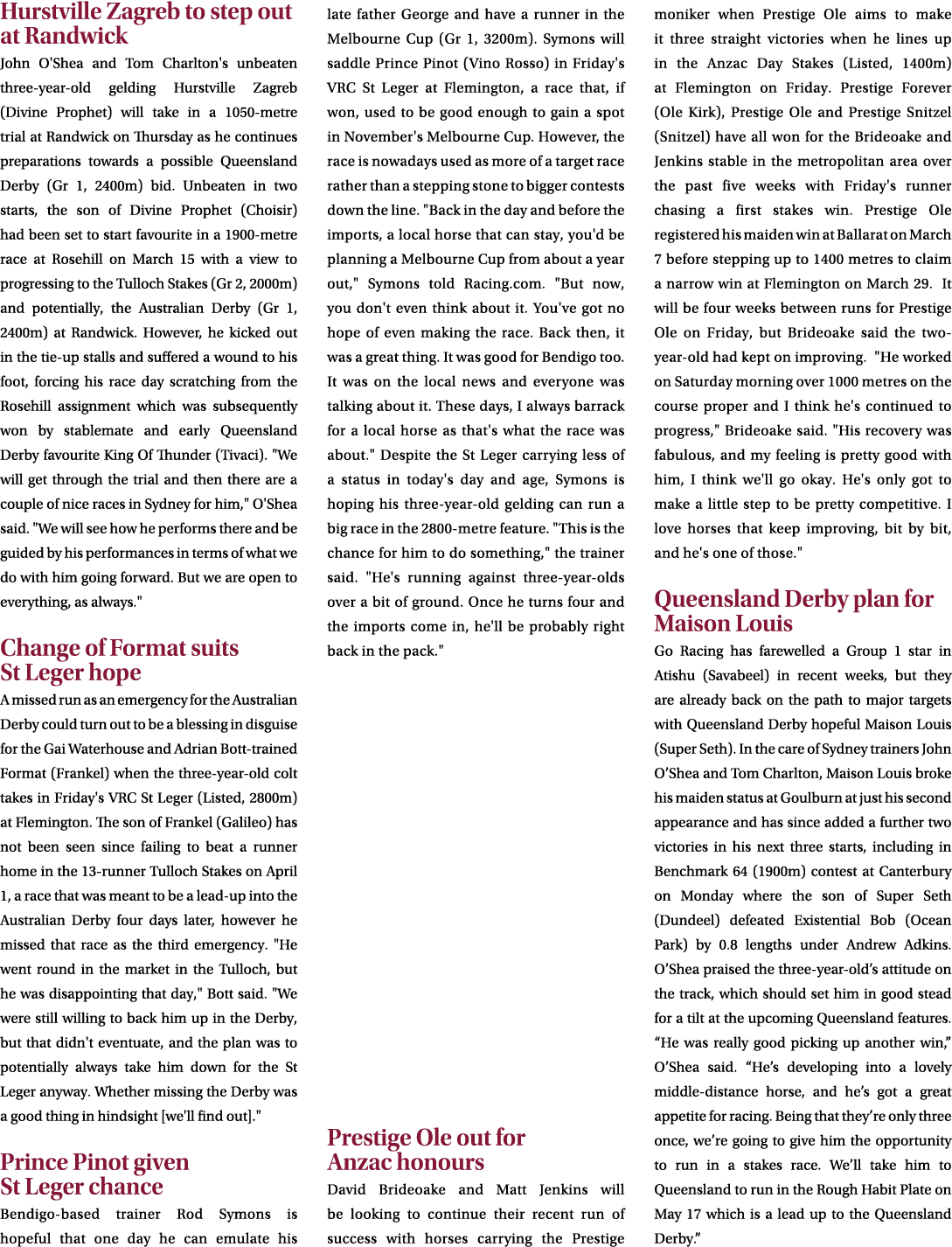 Hurstville Zagreb to step out at Randwick John O'Shea and Tom Charlton's unbeaten three year old gelding Hurstville Z...