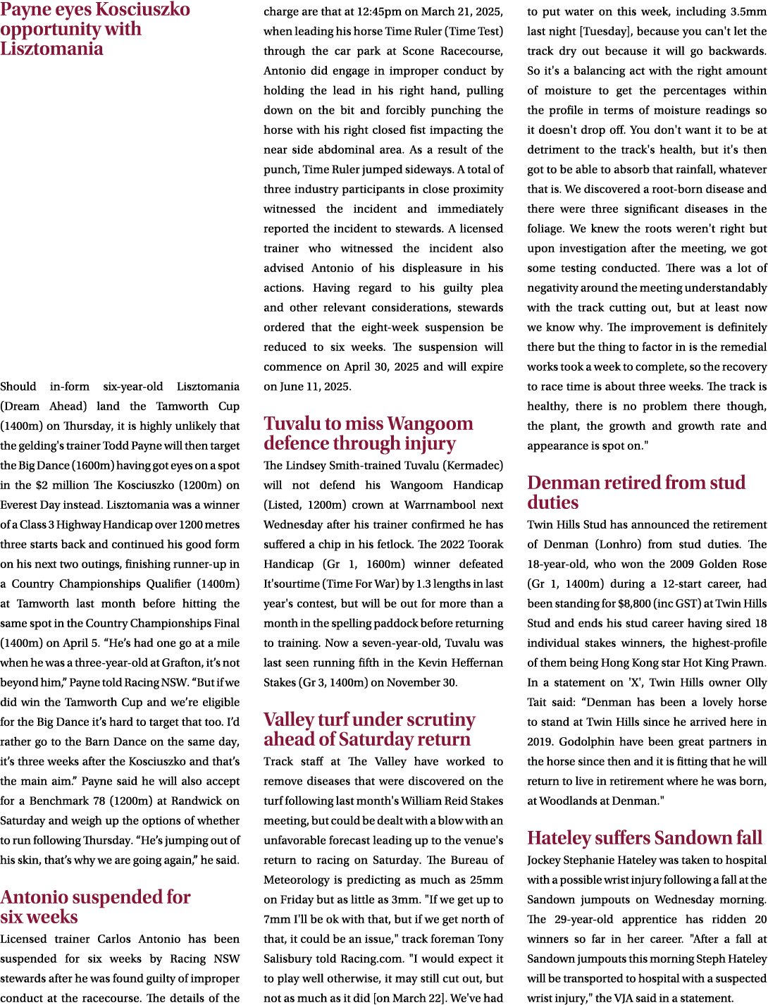 Payne eyes Kosciuszko opportunity with Lisztomania Should in form six year old Lisztomania (Dream Ahead) land the Tam...