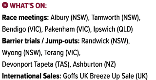 ￼ What's on: Race meetings: Albury (NSW), Tamworth (NSW), Bendigo (VIC), Pakenham (VIC), Ipswich (QLD) Barrier trials...