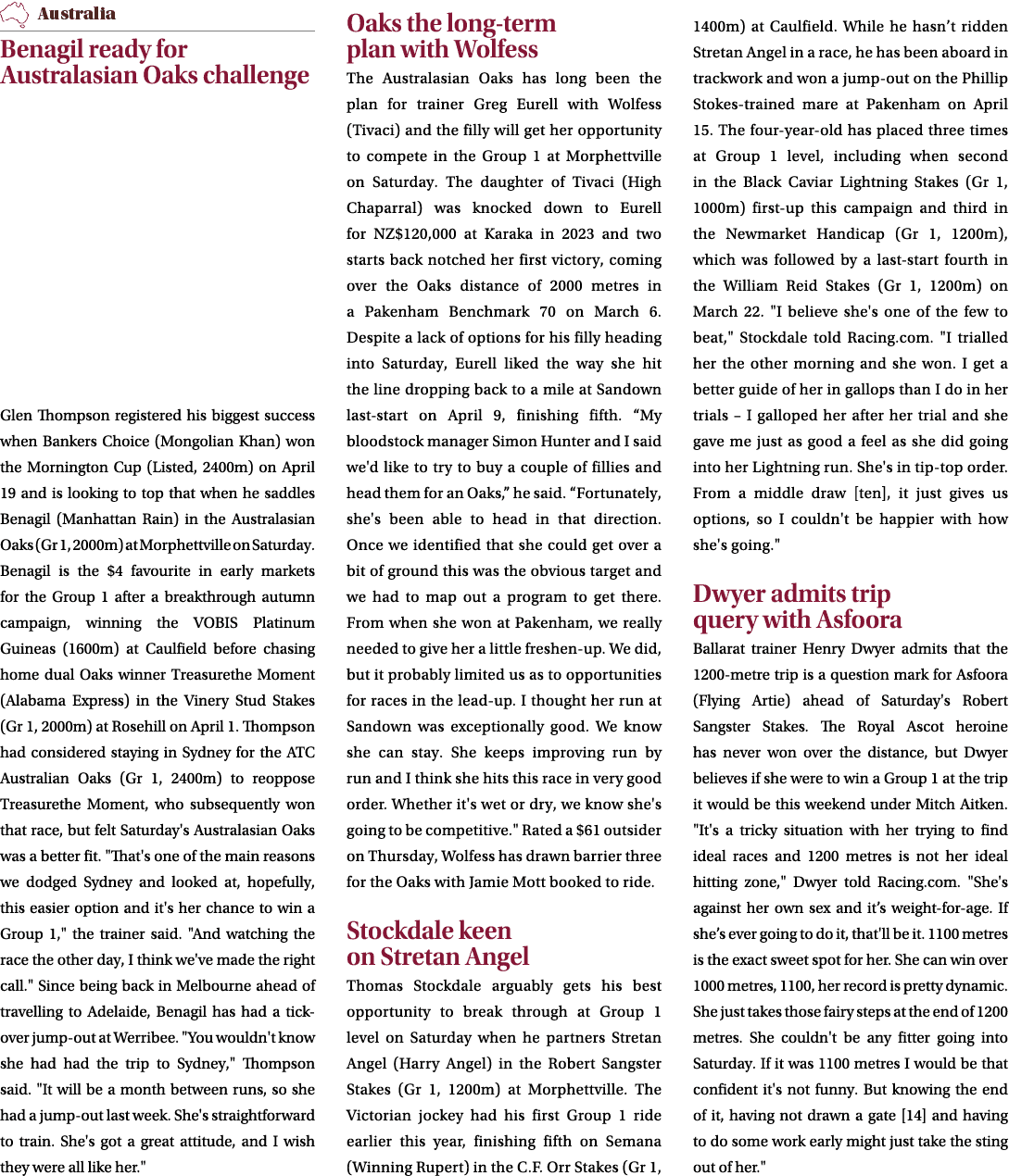 ￼ Benagil ready for Australasian Oaks challenge Glen Thompson registered his biggest success when Bankers Choice (Mon...