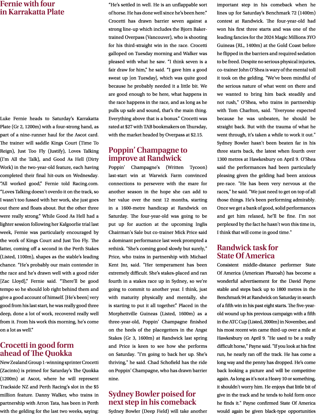 Fernie with four in Karrakatta Plate Luke Fernie heads to Saturday’s Karrakatta Plate (Gr 2, 1200m) with a four stron...