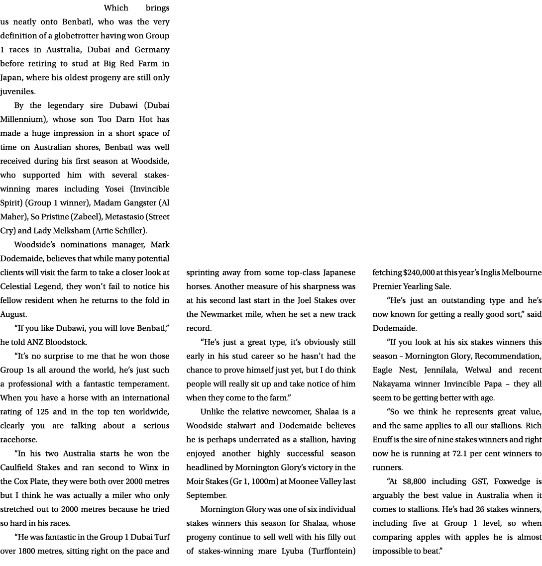 Which brings us neatly onto Benbatl, who was the very definition of a globetrotter having won Group 1 races in Austra...