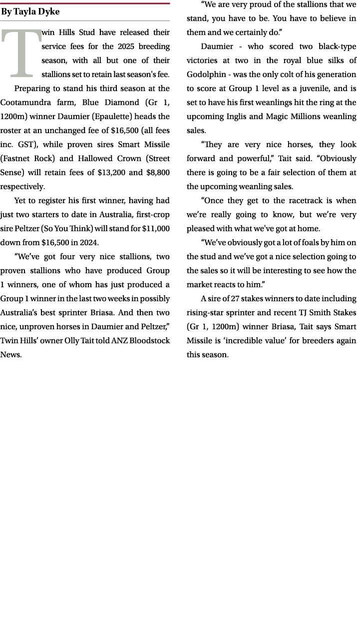 ￼ Twin Hills Stud have released their service fees for the 2025 breeding season, with all but one of their stallions ...