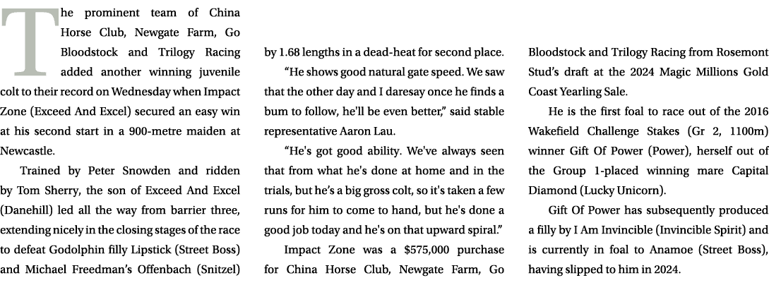 The prominent team of China Horse Club, Newgate Farm, Go Bloodstock and Trilogy Racing added another winning juvenile...