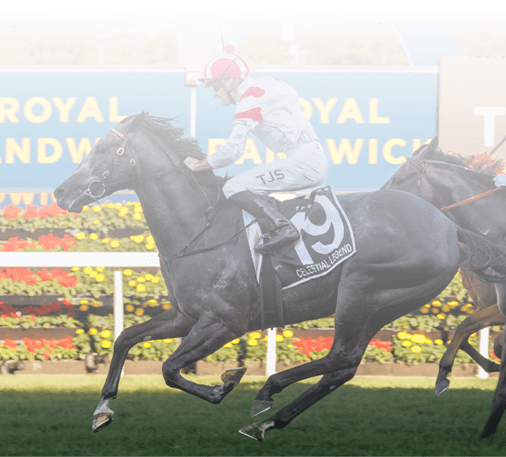  Celestial Legend (Tyler Schiller, outside, red & white cap) trained by Les Bridge & owned by Bon Ho wins the Doncaster (Group 1) at Randwick on April 6, 2024 - photo by Martin King/Sportpix copyright