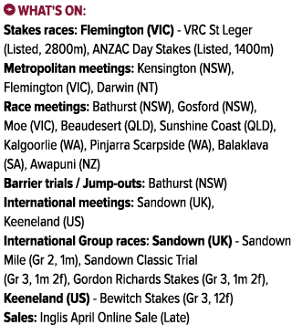 ￼ What's on: Stakes races: Flemington (VIC) VRC St Leger (Listed, 2800m), ANZAC Day Stakes (Listed, 1400m) Metropolit...