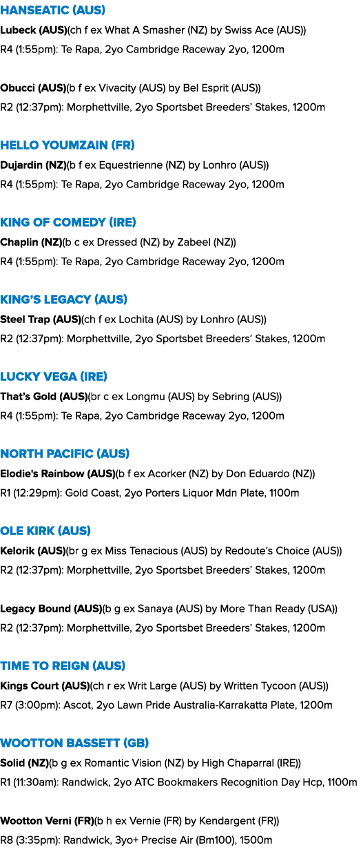 Hanseatic (AUS) Lubeck (AUS)(ch f ex What A Smasher (NZ) by Swiss Ace (AUS)) R4 (1:55pm): Te Rapa, 2yo Cambridge Race...