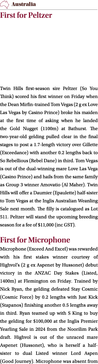 ￼ First for Peltzer Twin Hills first season sire Peltzer (So You Think) scored his first winner on Friday when the De...