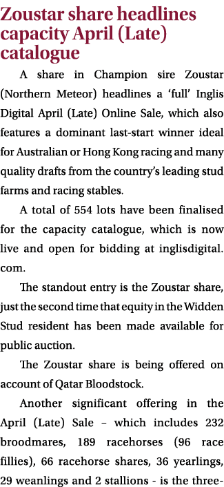 Zoustar share headlines capacity April (Late) catalogue A share in Champion sire Zoustar (Northern Meteor) headlines ...