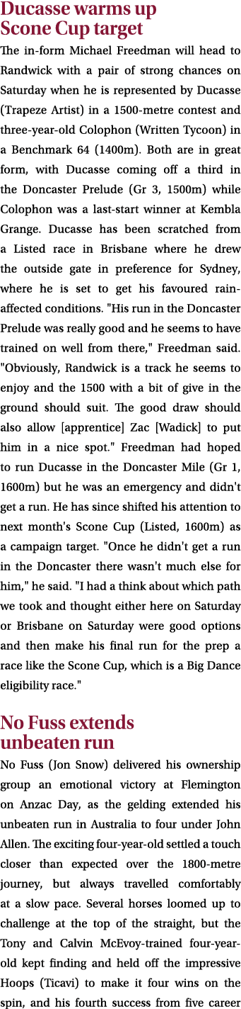 Ducasse warms up Scone Cup target The in form Michael Freedman will head to Randwick with a pair of strong chances on...