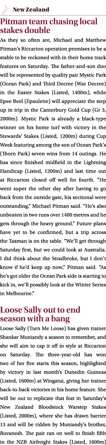 ￼ Pitman team chasing local stakes double As they so often are, Michael and Matthew Pitman’s Riccarton operation prom...