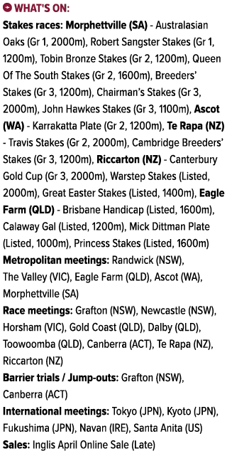 ￼ What's on: Stakes races: Morphettville (SA) Australasian Oaks (Gr 1, 2000m), Robert Sangster Stakes (Gr 1, 1200m), ...