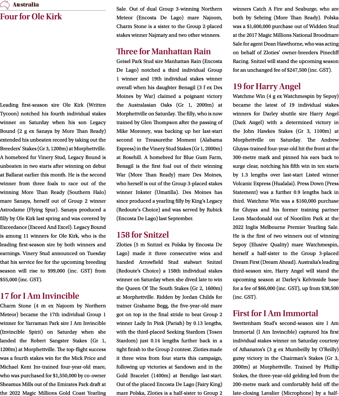 ￼ Four for Ole Kirk Leading first season sire Ole Kirk (Written Tycoon) notched his fourth individual stakes winner o...