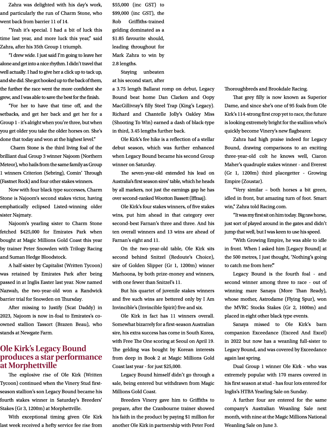 Zahra was delighted with his day’s work, and particularly the run of Charm Stone, who went back from barrier 11 of 14...