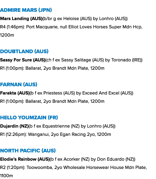 Admire Mars (JPN) Mars Landing (AUS)(b/br g ex Heloise (AUS) by Lonhro (AUS)) R4 (1:46pm): Port Macquarie, null Ellio...