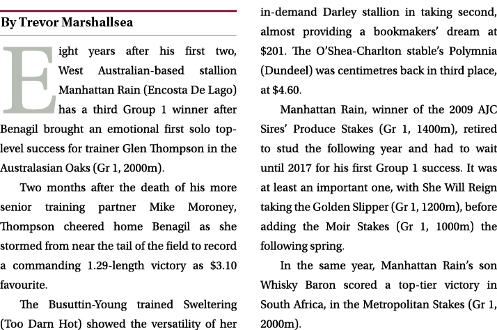 ￼ Eight years after his first two, West Australian based stallion Manhattan Rain (Encosta De Lago) has a third Group ...