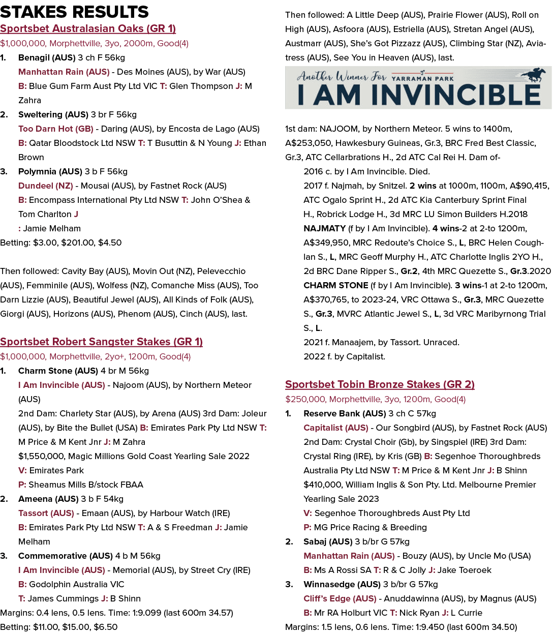 Stakes Results Sportsbet Australasian Oaks (GR 1) $1,000,000, Morphettville, 3yo, 2000m, Good(4) 1. Benagil (AUS) 3 c...