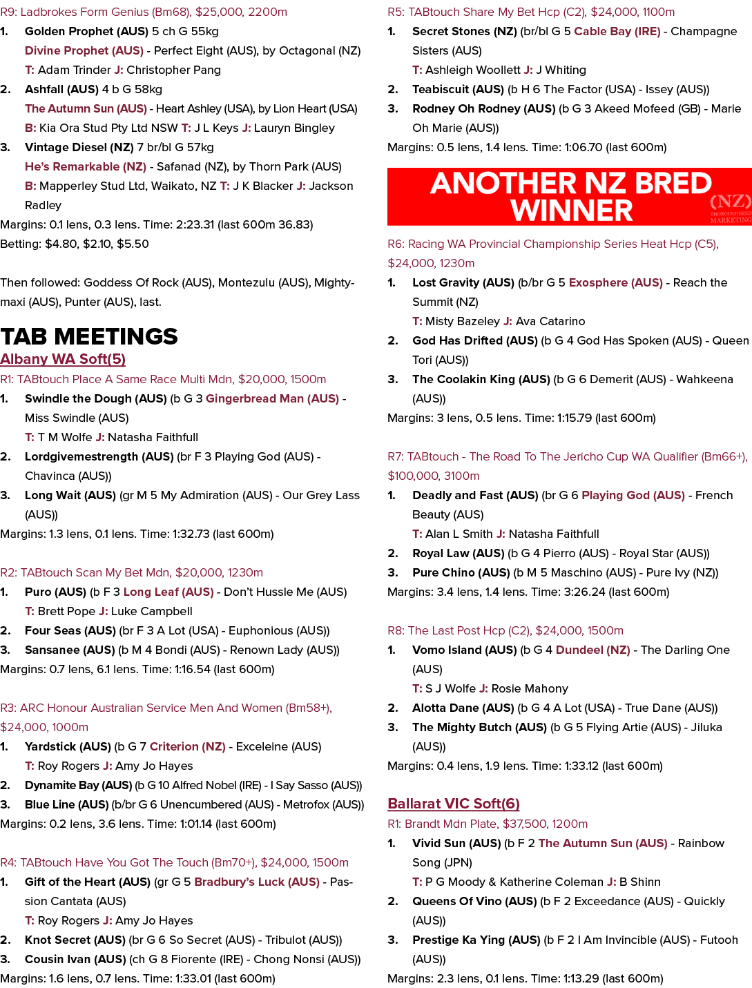 R9: Ladbrokes Form Genius (Bm68), $25,000, 2200m 1. Golden Prophet (AUS) 5 ch G 55kg Divine Prophet (AUS) Perfect Eig...