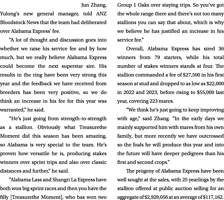  Jun Zhang, Yulong’s new general manager, told ANZ Bloodstock News that the team had deliberated over Alabama Express...