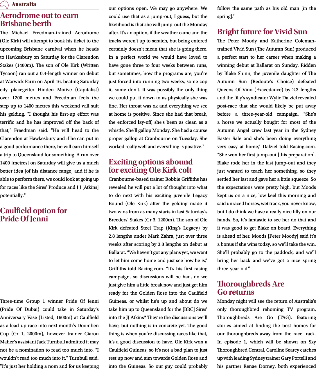 ￼ Aerodrome out to earn Brisbane berth The Michael Freedman trained Aerodrome (Ole Kirk) will attempt to book his tic...