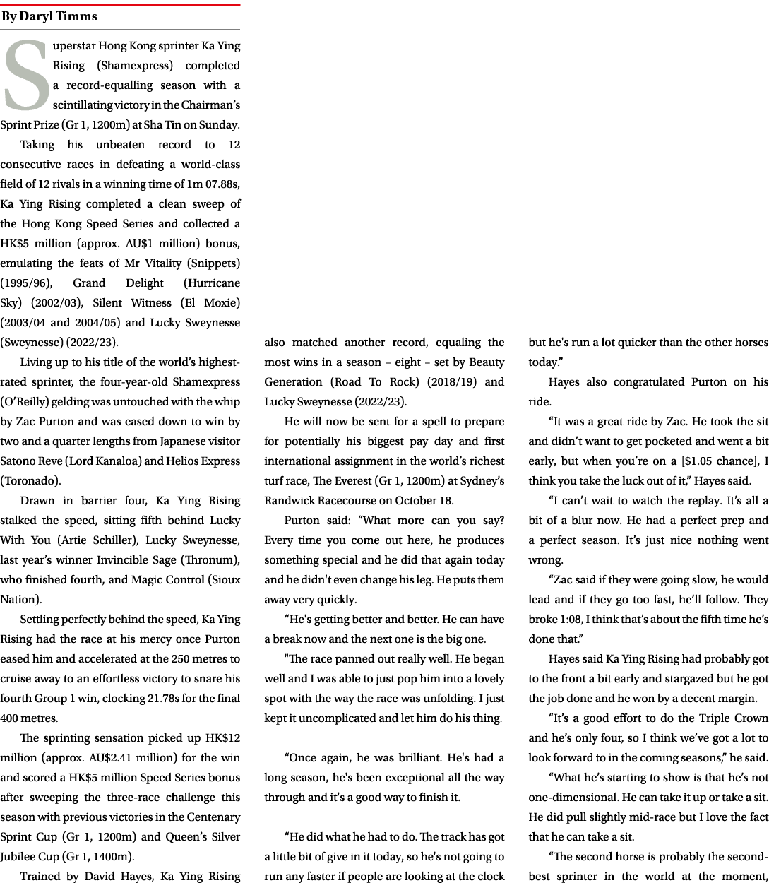 ￼ Superstar Hong Kong sprinter Ka Ying Rising (Shamexpress) completed a record equalling season with a scintillating ...