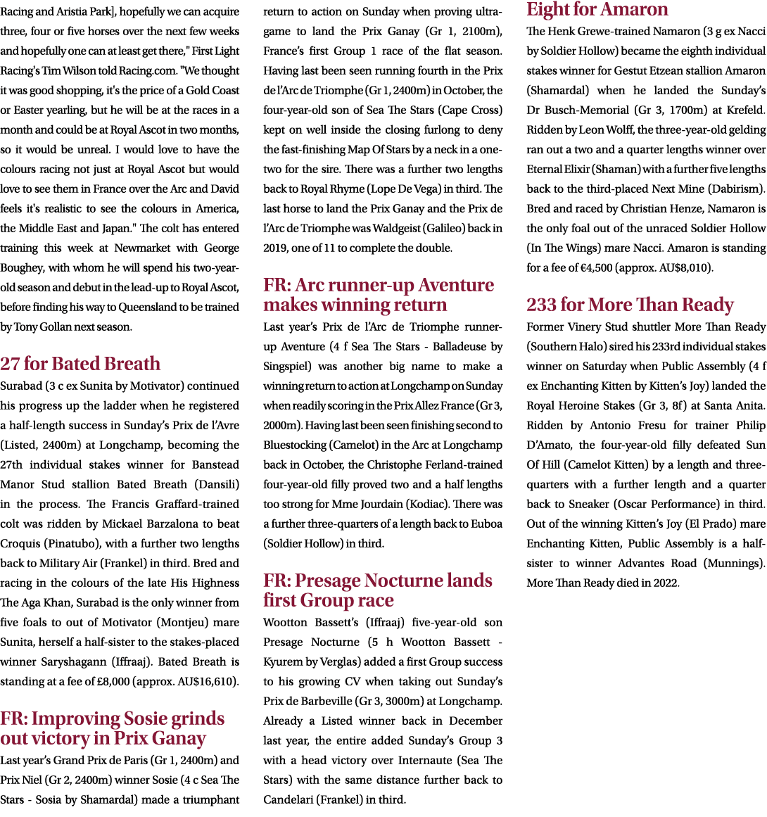 Racing and Aristia Park], hopefully we can acquire three, four or five horses over the next few weeks and hopefully o...