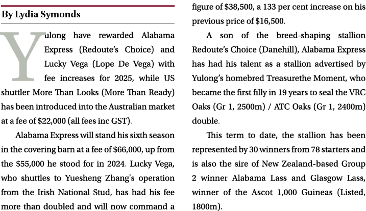 ￼ Yulong have rewarded Alabama Express (Redoute’s Choice) and Lucky Vega (Lope De Vega) with fee increases for 2025, ...