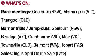 ￼ What's on: Race meetings: Goulburn (NSW), Mornington (VIC), Thangool (QLD) Barrier trials / Jump outs: Goulburn (NS...