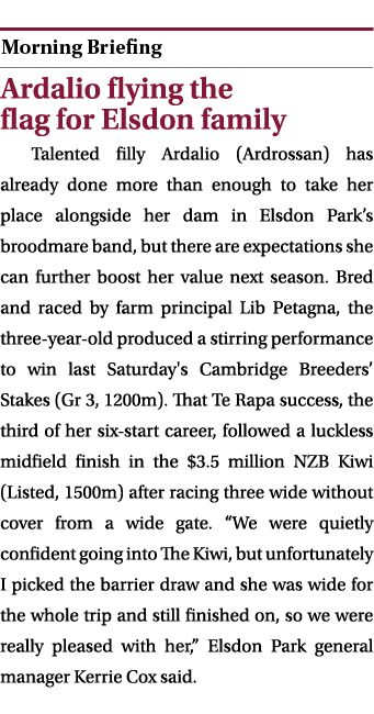  ￼ Ardalio flying the flag for Elsdon family Talented filly Ardalio (Ardrossan) has already done more than enough to ...