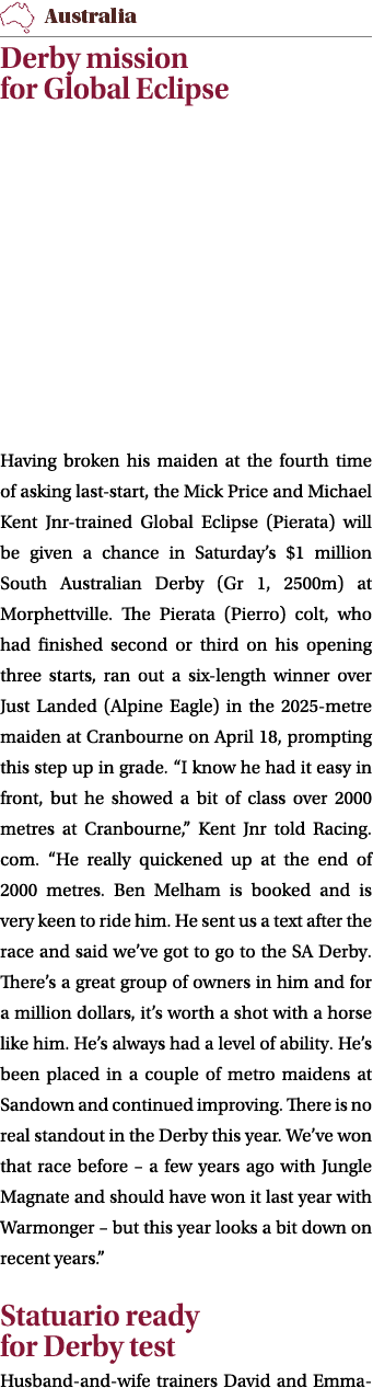 ￼ Derby mission for Global Eclipse Having broken his maiden at the fourth time of asking last start, the Mick Price a...