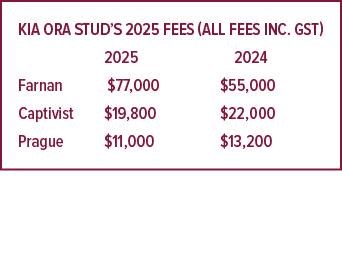 Kia Ora Stud’s 2025 fees (all fees inc. GST) 2025 2024 Farnan $77,000 $55,000 Captivist $19,800 $22,000 Prague $11,00...
