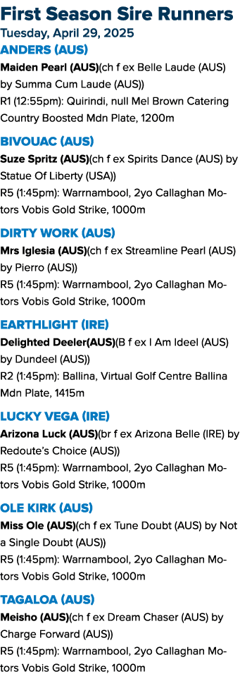 First Season Sire Runners Tuesday, April 29, 2025 Anders (AUS) Maiden Pearl (AUS)(ch f ex Belle Laude (AUS) by Summa ...