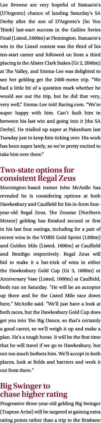 Lee Browne are very hopeful of Statuario's (D’Argento) chance of landing Saturday's SA Derby after the son of D'Argen...