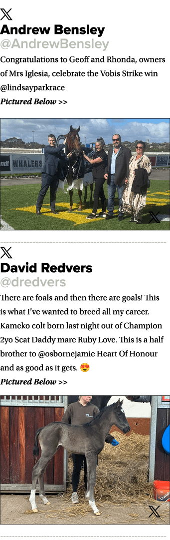 ￼ Andrew Bensley @AndrewBensley Congratulations to Geoff and Rhonda, owners of Mrs Iglesia, celebrate the Vobis Strik...