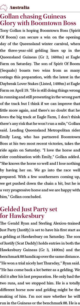 ￼ Gollan chasing Guineas Glory with Boomtown Boss Tony Gollan is hoping Boomtown Boss (Spirit Of Boom) can secure a w...