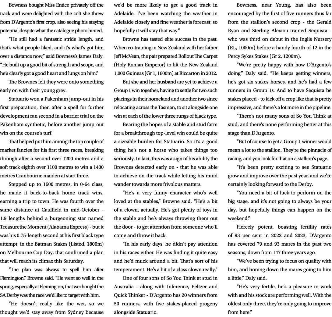 Bowness bought Miss Entice privately off the track and were delighted with the colt she threw from D’Argento’s first ...