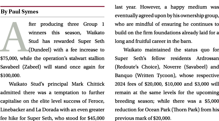 ￼ After producing three Group 1 winners this season, Waikato Stud has rewarded Super Seth (Dundeel) with a fee increa...