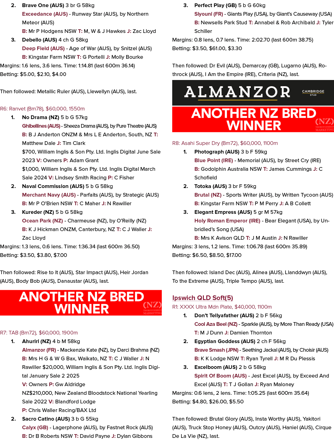 2. Brave One (AUS) 3 br G 58kg Exceedance (AUS) Runway Star (AUS), by Northern Meteor (AUS) B: Mr P Hodgens NSW T: M,...