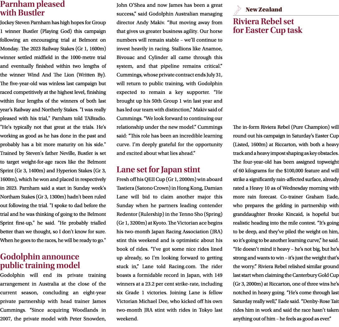 Parnham pleased with Bustler Jockey Steven Parnham has high hopes for Group 1 winner Bustler (Playing God) this campa...