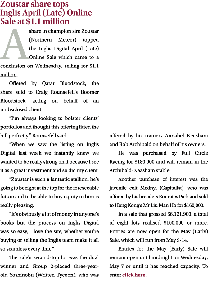 Zoustar share tops Inglis April (Late) Online Sale at $1.1 million A share in champion sire Zoustar (Northern Meteor)...