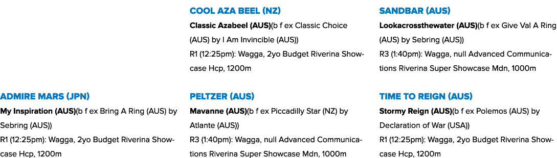  Admire Mars (JPN) My Inspiration (AUS)(b f ex Bring A Ring (AUS) by Sebring (AUS)) R1 (12:25pm): Wagga, 2yo Budget R...