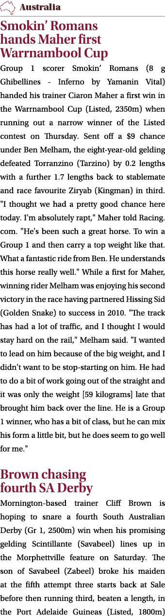 ￼ Smokin’ Romans hands Maher first Warrnambool Cup Group 1 scorer Smokin’ Romans (8 g Ghibellines Inferno by Yamanin ...