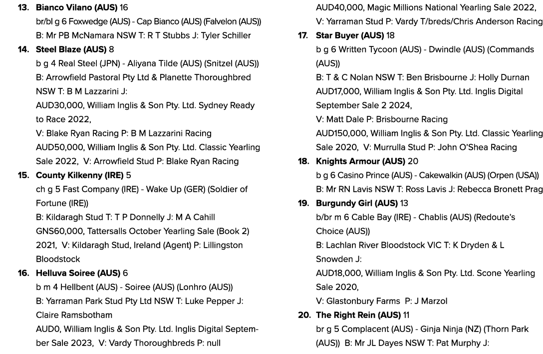 13. Bianco Vilano (AUS) 16 br/bl g 6 Foxwedge (AUS) Cap Bianco (AUS) (Falvelon (AUS)) B: Mr PB McNamara NSW T: R T St...