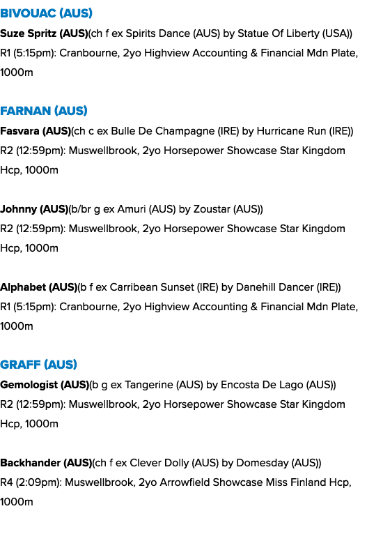 Bivouac (AUS) Suze Spritz (AUS)(ch f ex Spirits Dance (AUS) by Statue Of Liberty (USA)) R1 (5:15pm): Cranbourne, 2yo ...