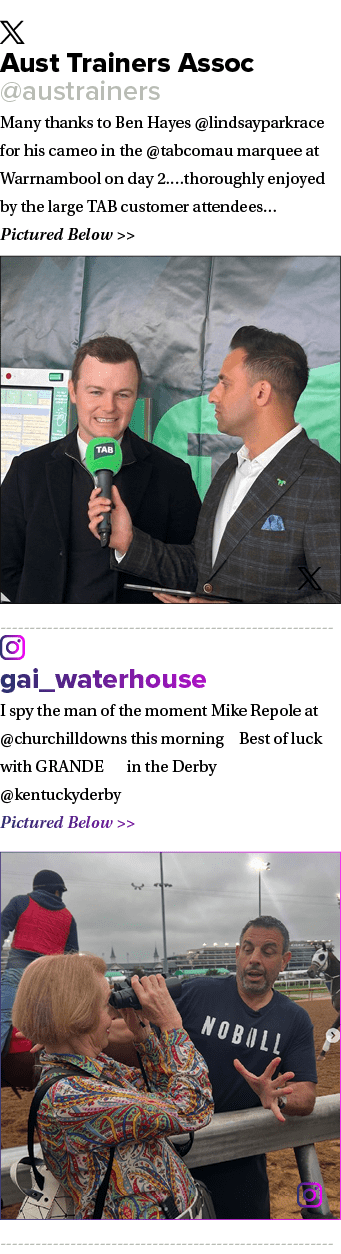 ￼ Aust Trainers Assoc @austrainers Many thanks to Ben Hayes @lindsayparkrace for his cameo in the @tabcomau marquee a...