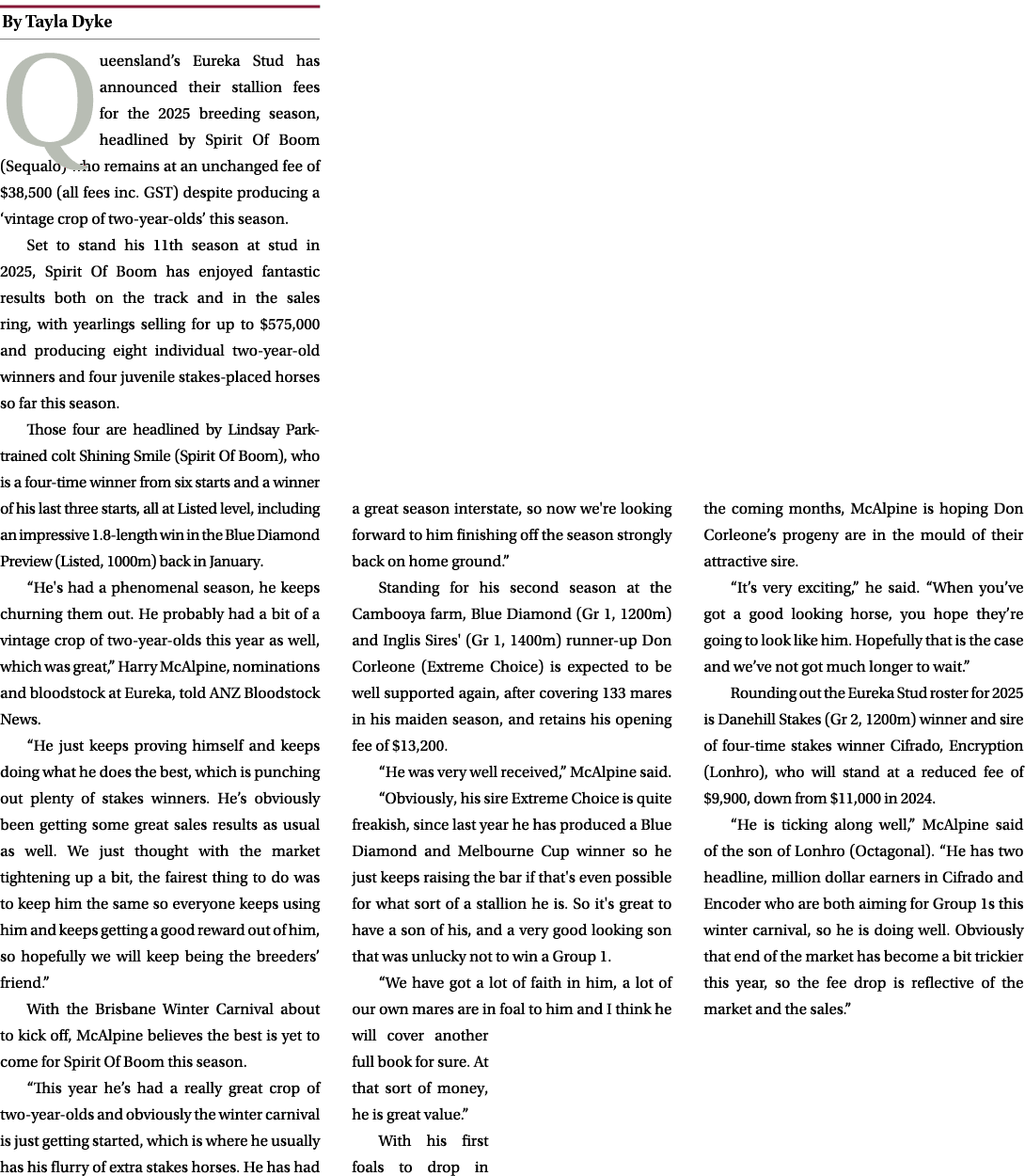 ￼ Queensland’s Eureka Stud has announced their stallion fees for the 2025 breeding season, headlined by Spirit Of Boo...